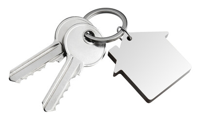 House keys with house shaped keychain cut out - obrazy, fototapety, plakaty