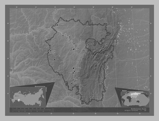 Bashkortostan, Russia. Grayscale. Labelled points of cities