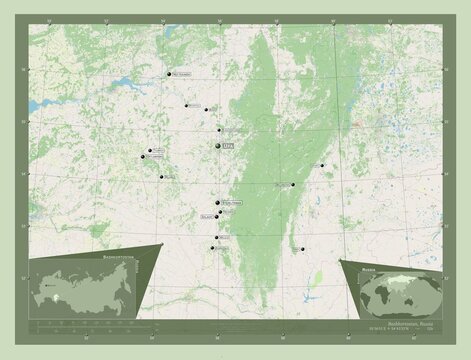 Bashkortostan, Russia. OSM. Labelled points of cities