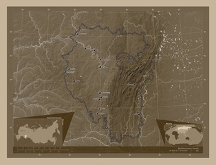 Bashkortostan, Russia. Sepia. Labelled points of cities