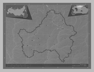 Bryansk, Russia. Grayscale. Labelled points of cities