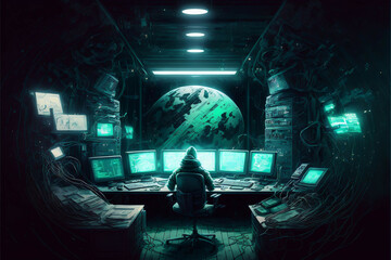 cyber space room in virtual world space view new quality universal colorful technology stock image illustration design, generative ai