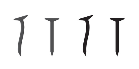 Straight and curved nails and black silhouettes. A set of repair items isolated on a white background. Collection of hobnails.