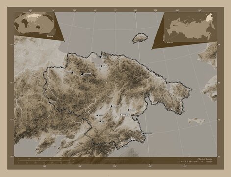 Chukot, Russia. Sepia. Labelled points of cities