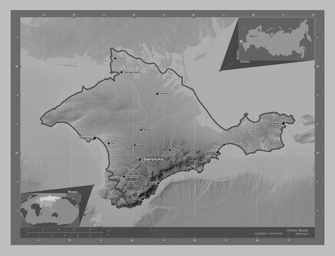 Crimea, Russia. Grayscale. Labelled points of cities