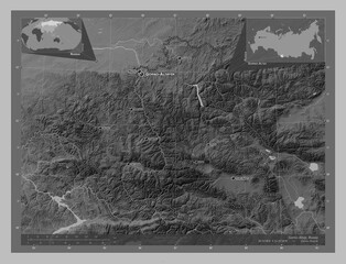 Gorno-Altay, Russia. Grayscale. Labelled points of cities