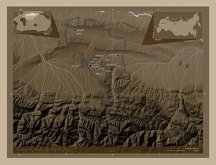 Ingush, Russia. Sepia. Labelled points of cities