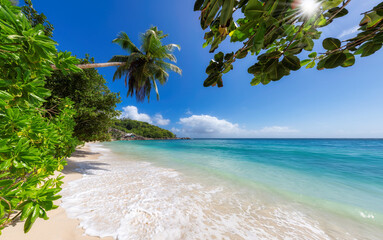 Sunny beach and turquoise sea, palm trees in tropical paradise in Seychelles. Summer vacation and...