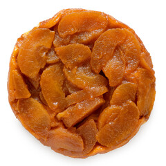 French apple tart tarte tatin isolated on white from above.