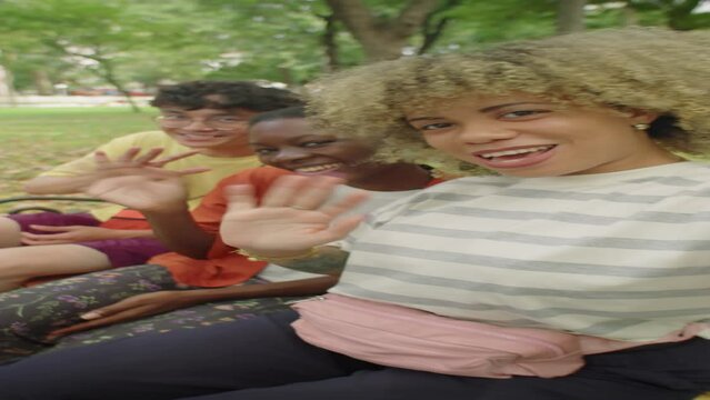 Vertical shot of diverse friends waving, smiling and chatting on camera while video calling or vlogging in park on summer day
