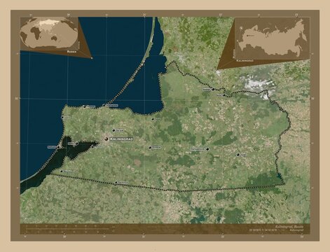 Kaliningrad, Russia. Low-res satellite. Labelled points of cities