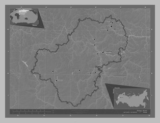 Kaluga, Russia. Grayscale. Labelled points of cities