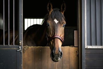A Thoroughbred Steed Peeks Out of its Stall at the Stable. Photo AI