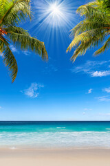 Sunny tropical beach. The leaves of palm trees tropical beach.  Summer vacation and tropical beach...