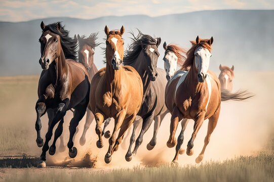 Galloping Wild Horses: Witness the Majestic Beauty of a Group of Horses. Photo AI