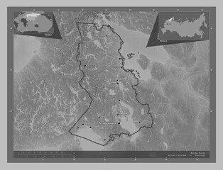 Karelia, Russia. Grayscale. Labelled points of cities