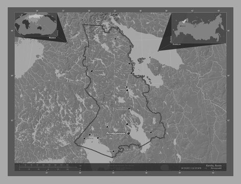 Karelia, Russia. Bilevel. Labelled points of cities