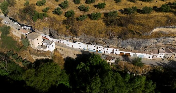 Aerial View Of The Town Of Setenil de las Bodegas In The Province Of Cadiz, Andalusia, Spain
 - drone shot