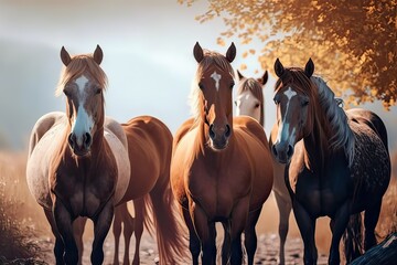Group of  Wild Horses in Nature Reserve. Photo AI