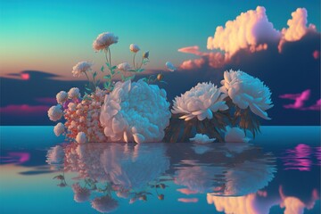  a bunch of flowers that are sitting in the middle of a body of water with clouds in the sky behind them and reflecting in the water.  generative ai