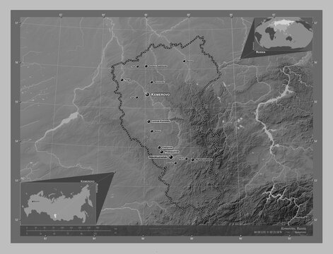 Kemerovo, Russia. Grayscale. Labelled points of cities