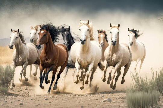 Majestic Herd of Wild Horses Running Free in the Desert - Away from All That Would Do Them Harm. Photo AI