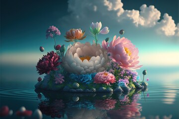  a painting of flowers floating on a body of water with a sky background and clouds in the sky above it, with a reflection of the water.  generative ai
