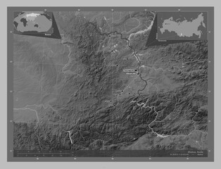 Khakass, Russia. Grayscale. Labelled points of cities