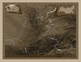 Khakass, Russia. Sepia. Labelled points of cities