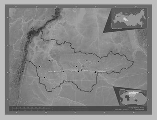 Khanty-Mansiy, Russia. Grayscale. Labelled points of cities