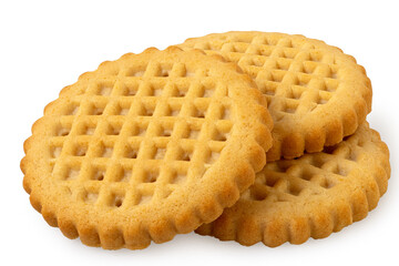 Pile of three plain round lattice biscuits isolated on white.