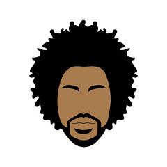Black man portrait with afro curly design, Barbershop and hairstyle. Healthy sporty young black man with beard, mustache and sideburns. Isolated avatar of rapper on white background