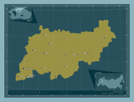 Kostroma, Russia. Solid. Labelled points of cities