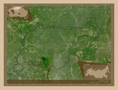 Kostroma, Russia. Low-res satellite. Labelled points of cities