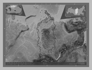 Krasnoyarsk, Russia. Grayscale. Labelled points of cities