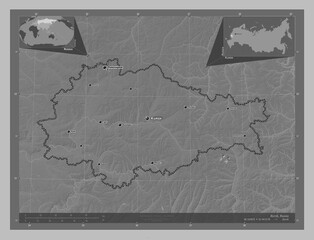 Kursk, Russia. Grayscale. Labelled points of cities