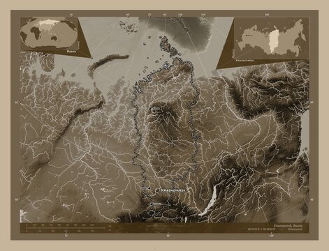 Krasnoyarsk, Russia. Sepia. Labelled points of cities