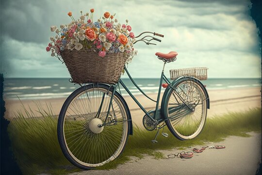  a painting of a bicycle with a basket full of flowers on a beach near the ocean with a cloudy sky in the background and grass in the foreground.  generative ai