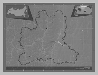 Lipetsk, Russia. Grayscale. Labelled points of cities