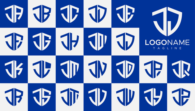 Modern line security shield initial J JJ letter logo design set