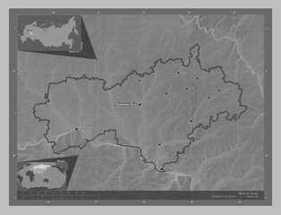 Mariy-El, Russia. Grayscale. Labelled points of cities