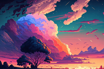 Fototapeta premium at sunset, a beautiful, colorful sky with clouds. Generative AI