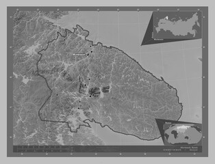 Murmansk, Russia. Grayscale. Labelled points of cities