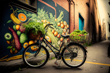 Fototapeta na wymiar a bicycle parked next to a wall with a mural of vegetables and fruit in the basket on the side of the bike is a basket of fruit and vegetables. generative ai