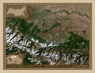 North Ossetia, Russia. Low-res satellite. Labelled points of cities