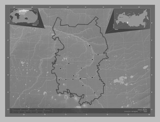 Omsk, Russia. Grayscale. Labelled points of cities