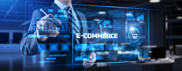 E-commerce online shopping business technology concept on screen.
