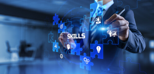 Skills education and personal development concept. Businessman pressing button on screen.