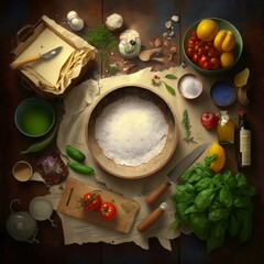 Kitchen table with vegetables and flour