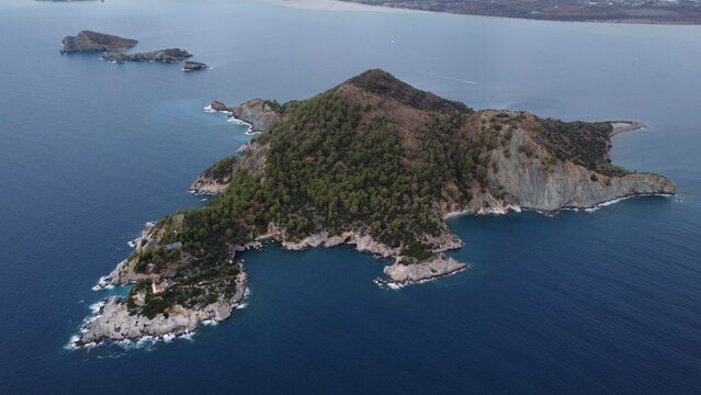 Island in the mediterranean sea. Drone view of the Kizil Ada island.